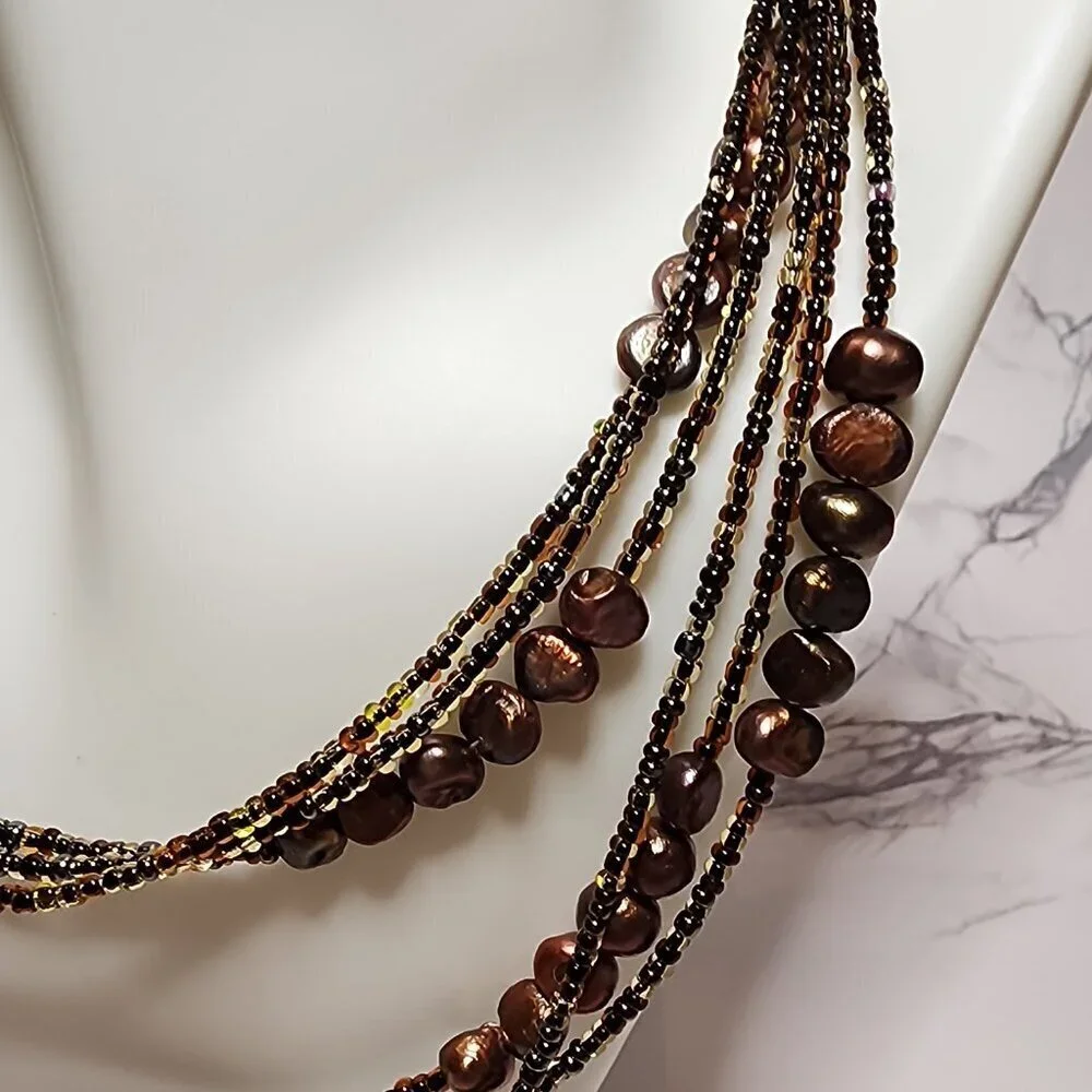 Multi-Stand Brown Bead and Pearl Necklace